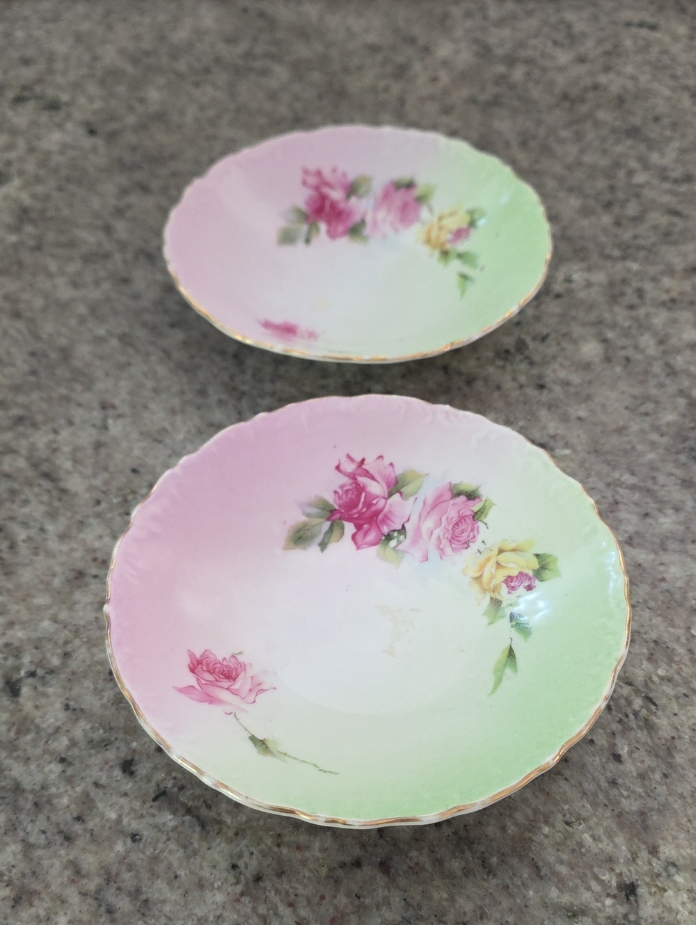 Pink and Green Rose Porcelain Dessert Plates with Gold Trim
